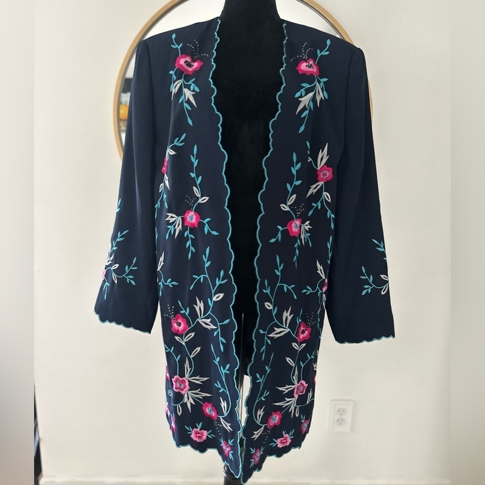 Embroidered Navy Floral Open Blazer